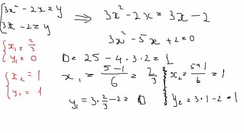 Решить систему уравнений 3х^2-2х=у 3х-2=у