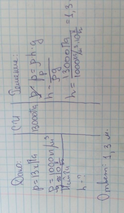 Давление = 13кпа, плотность воды = 1000 кг/м3. найти: на какой высоте такое давление?