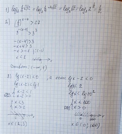 1) log2 1/4 корень 32 2) (1/3^x-4> 27 3) lg x-2< 0