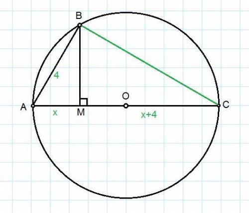 Из точки b окружности опущен перпендикуляр bm на её диаметр ac. ab=4 см. найдите радиус окружности е