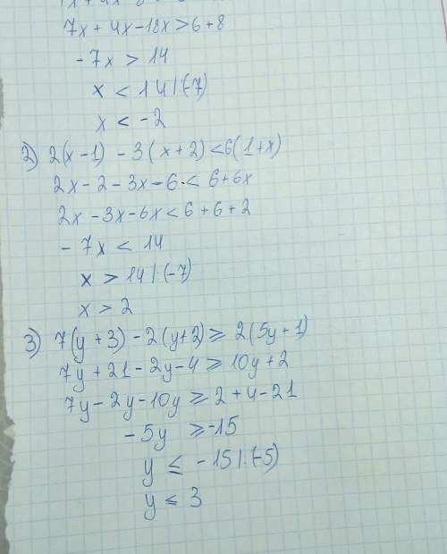 Решите неравенство : 1) 7х+4(х-2)больше чем 6(1+3х) 2)2(х-1)-3(х+2)меньше чем 6(1+х) 3)7(у+3)-2(у+2)