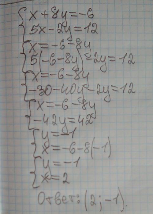Система лінійних рівнянь х + 8у= -6 5х - 2у = 12