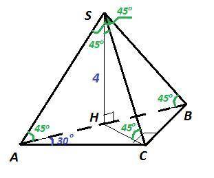 Основание пирамиды - прямоугольный треугольник с острым углом 30. высота пирамиды равна 4 см и образ
