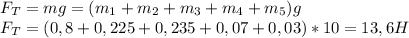 F_T=mg=(m_1+m_2+m_3+m_4+m_5)g\\&#10;F_T=(0,8+0,225+0,235+0,07+0,03)*10=13,6H