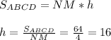 S_{ABCD} = NM *h \\ \\ h = \frac{S_{ABCD}}{NM} = \frac{64}{4} =16