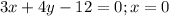 3x+4y-12=0; x=0