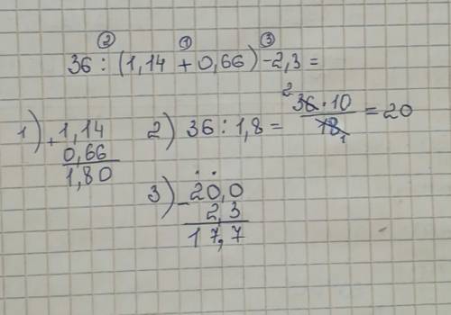 Найдите значение выражения 36: (1,14+0,66)-2,3 со столбиками