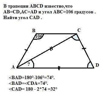 Втрапеции abcd известно,что ab=cd,ac=ad и угол abc=106 градусов . найти угол cad . ответ дайте в гра