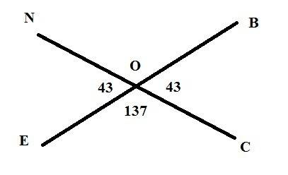 Сумма вертикальных углов noe и boc,образованных при пересечении прямых nc и be,равна 86 градусов.най