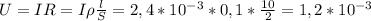 U=IR=I\rho \frac{l}{S}=2,4*10^{-3}*0,1*\frac{10}{2}=1,2*10^{-3}