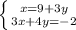 \left \{ {{x=9+3y} \atop {3x+4y=-2}} \right.