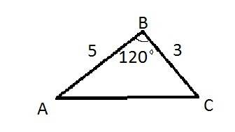 Утрикутника авс сторона ав= 5 см,вс=3 см, кут в = 120 градусів.знайдіть довжину сторони ас