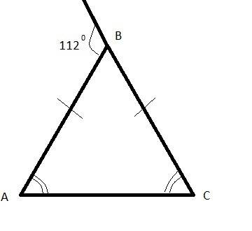 Вравнобедренном треугольнике авс с основанием ас внешний угол при вершине в =112° . найдите величину