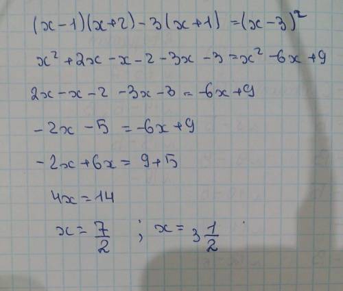 Решить уравнение (х – 1)(х + 2) – 3(х + 1) = (х – 3)2