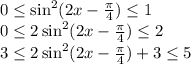 0 \leq \sin^2(2x- \frac{\pi}{4}) \leq 1\\ 0 \leq 2\sin^2(2x- \frac{\pi}{4}) \leq 2\\3\leq 2\sin^2(2x- \frac{\pi}{4})+3 \leq 5