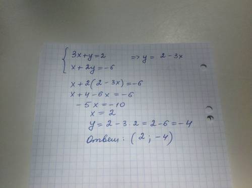 Как решить систему уравнений {3x+y=2 {x+2y=-6