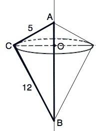 Прямоугольный треугольник с катетами 5 и 12 вращается вокруг гипотенузы. найти объем тела вращения.