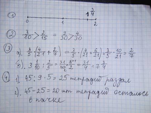 1) начертите координатную прямую с единичным отрезком равным 8 клеткам.отметьте число 1 целая три че