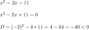 x^{2} =2x-11\\\\x^{2}-2x+11=0\\\\D=(-2)^{2}-4*11=4-44=-40