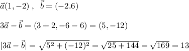 \vec{a}(1,-2)\; ,\; \; \vec{b}=(-2.6)\\\\3\vec{a}-\vec{b}=(3+2,-6-6)=(5,-12)\\\\|3\vec{a}-\vec{b}|=\sqrt{5^2+(-12)^2}=\sqrt{25+144}=\sqrt{169}=13