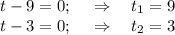 t-9=0;~~~\Rightarrow~~~ t_1=9\\ t-3=0;~~~\Rightarrow~~~ t_2=3