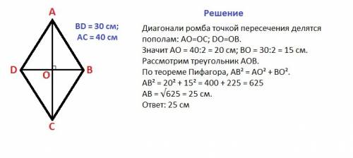 Знайдіть довжину сторони ромба якщо його діагоналі дорівнюють 30 см і 40 см