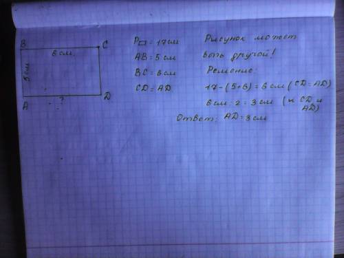 Периметр четырехуголника атс равен 17см, ав=5см, вс =6см, сд=ад. найди длину стороны ад.