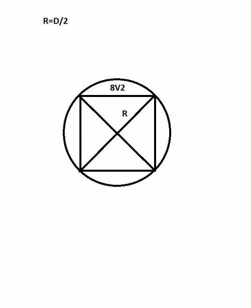 Сторона квадрата равна 8 2 . найдите радиус окружности, описанной около этого квадрата.