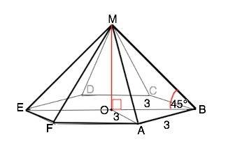Сторона основание правильной шестиугольной пирамиды равна 3 см. боковое ребро составляет с плоскость