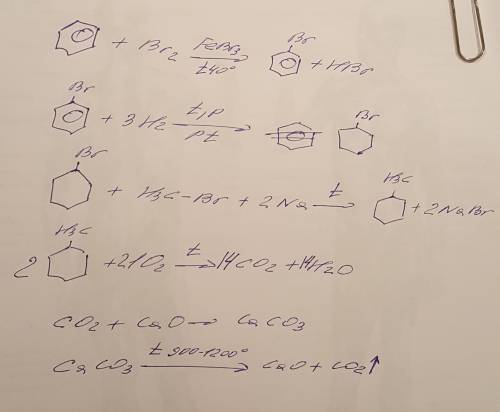 Написать цепочку реакций,! бензол—г—бромциклогексан—метилцоклогексан—д— caco3—д