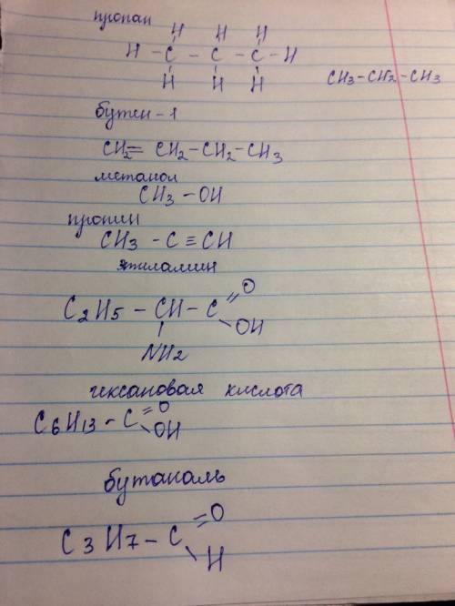 Напишите структурные формулы следующих веществ а)пропан; б)бутен - 1; в)метанол; г)пропин ; д)этилам