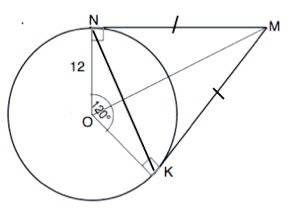 Из точки м к окружности с центром o и радиусом 12 см проведены касательные mk и mn (k и n-точки каса