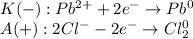 \begin{array}{l} K(-): Pb^{2+} + 2e^{-} \to Pb^{0} \\ A(+):2Cl^{-} - 2e^{-} \to Cl_{2}^{0} \end{array}
