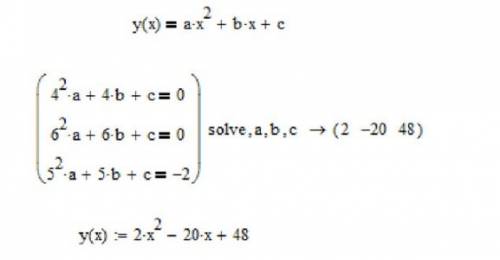 График квадратичной функции проходит через точки a(4; 0), b(6; 0) и c(5; -2). найдите формулу этой ф