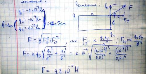 Три точечных заряда q1=-4*10^-9 кл, q2=-10^-9 кл, q3=+10^-9 кл находятся в вершинах прямоугольника.