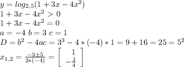 y=log_{2,5} (1 + 3x - 4x^2)\\&#10;1 + 3x - 4x^2\ \textgreater \ 0\\&#10;1 + 3x - 4x^2=0\\&#10;a=-4 \ b=3 \ c=1\\&#10;D=b^2-4ac=3^3-4*(-4)*1=9+16=25=5^2\\&#10;x_{1,2}= \frac{-3б5}{2*(-4)}= \left[\begin{array}{c} \ \ 1 \\- \frac{1}{4} \end{array}\right]