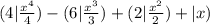 (4 | \frac{x^4} {4}) -(6 | \frac{x^3} {3})+(2 | \frac{x^2} {2})+|x)
