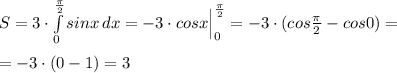 S=3\cdot \int \limits _0^{ \frac{\pi }{2} }sinx\, dx=-3\cdot cosx\Big |_0^{ \frac{\pi }{2} }=-3\cdot (cos \frac{\pi }{2} -cos0)=\\\\=-3\cdot (0-1)=3