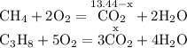 \begin{array}{l} \mathrm{CH_{4} + 2O_{2} = \overset{13.44-x}{CO_{2}} + 2H_{2}O} \\ \mathrm{C_{3}H_{8} + 5O_{2} = \overset{x}{3CO_{2}} + 4H_{2}O} \end{array}