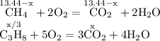 \begin{array}{l} \mathrm{\overset{13.44-x}{CH_{4}} + 2O_{2} = \overset{13.44-x}{CO_{2}} + 2H_{2}O} \\ \mathrm{\overset{x/3}{C_{3}H_{8}} + 5O_{2} = \overset{x}{3CO_{2}} + 4H_{2}O} \end{array}
