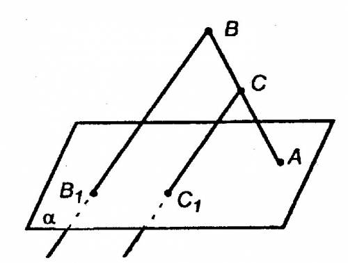 Точка c лежит на отрезке ав. через точку а проведена плоскость, а через точки в и с — параллельные п