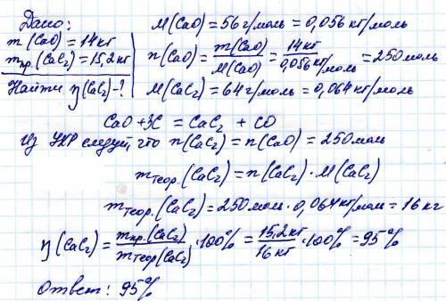 Вычислить выход карбида кальция cac2 в процентах к теоретическому, если 15,2 кг его были получены из