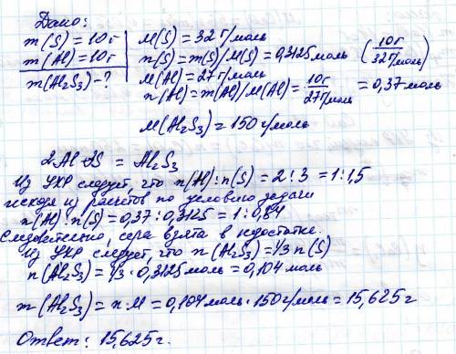 При взаимодействии 10г серы и 10г алюминия образовался алюминий-сульфид. определить его массу