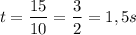 $t=\frac{15}{10}=\frac{3}{2}=1,5s$