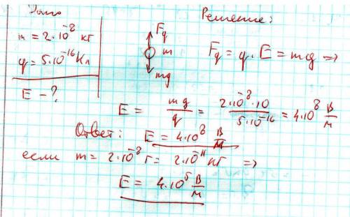 Пылинка массой 2*10 в -8 находится в однородном электрическом поле. сила тяжести пылинки уравновешен