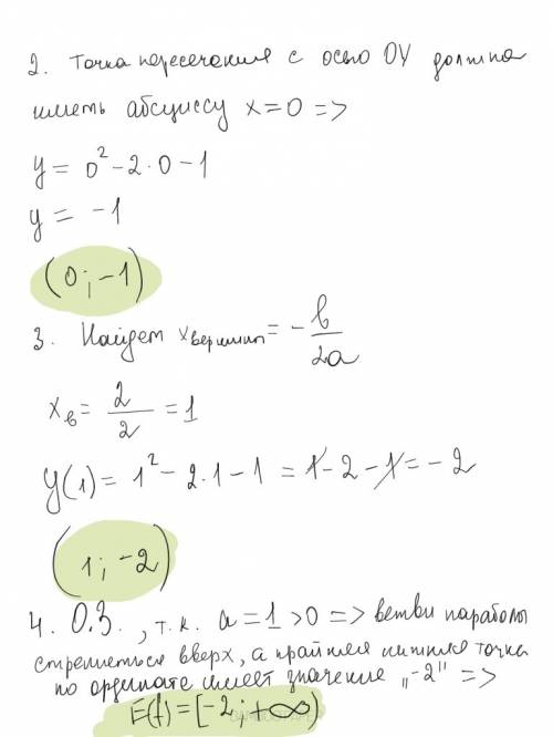 Дана функция y=x^2−2x−1. 1. название функции - квадратичная , графиком которой является парабола 2.