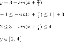 y=3-sin(x+ \frac{\pi}{4} )\\\\-1 \leq -sin(x+ \frac{\pi }{4}) \leq 1\; |\, +3\\\\2 \leq 3-sin(x+\frac{\pi }{4}) \leq 4\\\\y\in [\, 2,\, 4\, ]