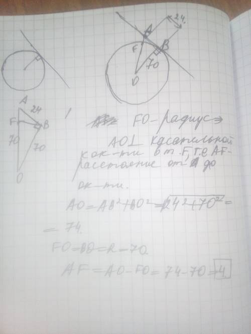 Радиус сферы равен 70 см. точка находится на касательной плоскости на расстоянии 24 см от точки каса