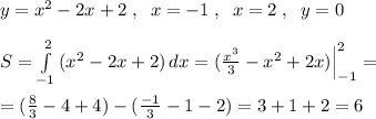 y=x^2-2x+2\; ,\; \; x=-1\; ,\; \; x=2\; ,\; \; y=0\\\\S= \int\limits^{2}_{-1} {(x^2-2x+2)} \, dx = (\frac{x^3}{3} -x^2+2x)\Big |_{-1}^2=\\\\= (\frac{8}{3} -4+4)-(\frac{-1}{3}-1-2)= 3+1+2=6