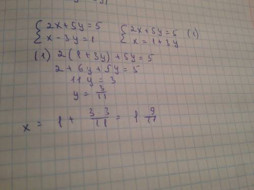 Решите систему уравнений 2х+5у=5; х-3у=1